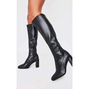 Pretty Little Things Black Leather Women's 7 Square Toe Calf Heeled Sock Boots